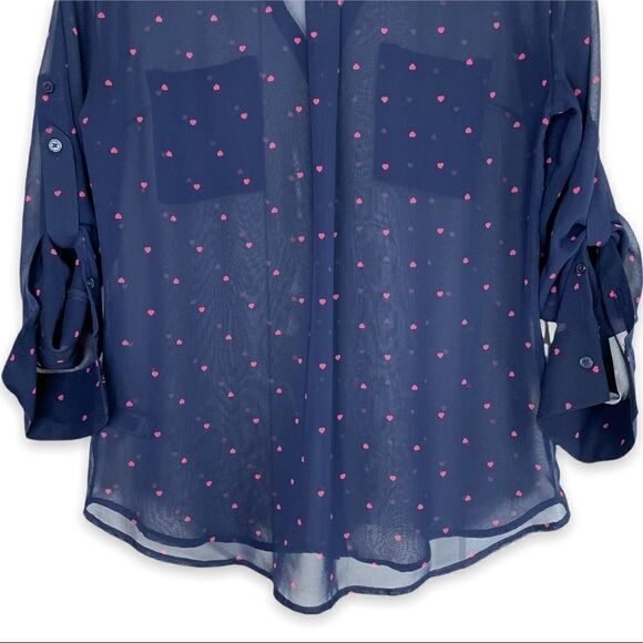 Express Portofino Shirt Semi Sheer Navy Heart Print Button Down - Picture 8 of 8